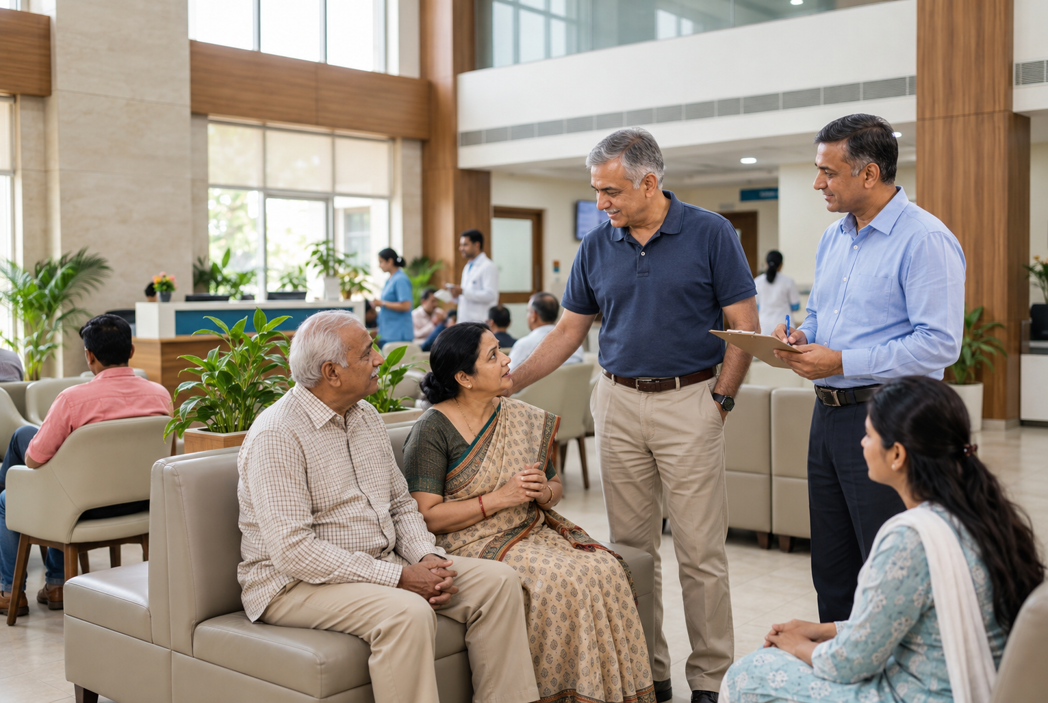 A veteran guiding an elderly patient through a hospital corridor